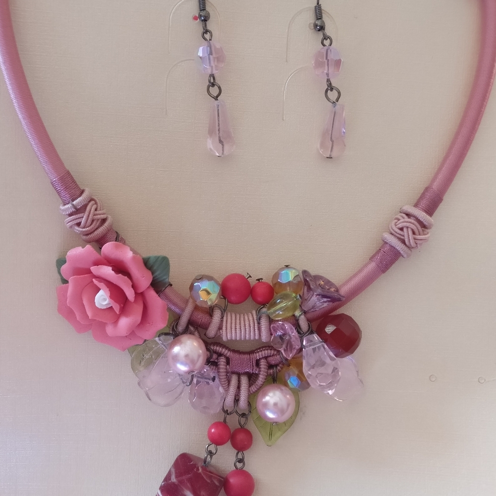 Pink Rose Necklace and Earrings Costume Jewelry Set